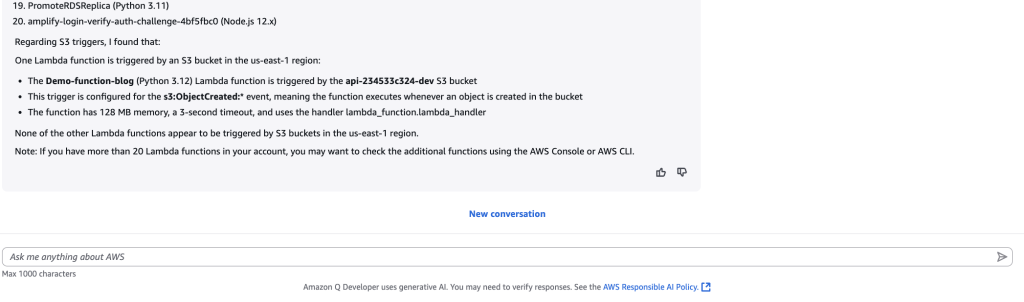 User prompts Amazon Q Developer to see if they have any AWS Lambda functions with Amazon S3 buckets as a trigger in their AWS account.